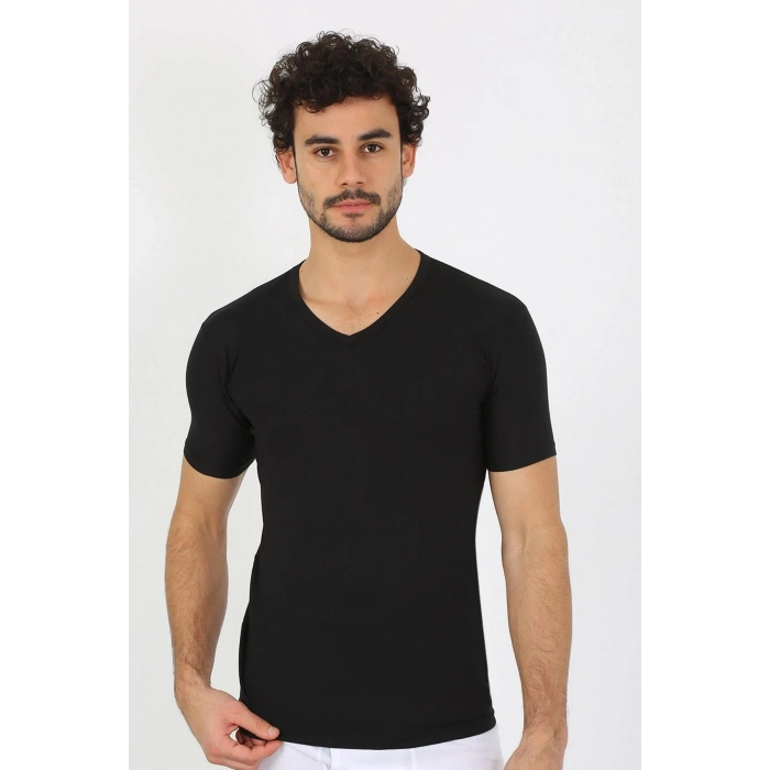 Moda Erkek Likralı V Yaka Siyah T-Shirt