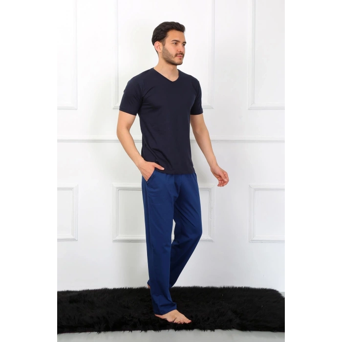 Moda Erkek Penye 3lü Lacivert V Yaka Pijama Takımı