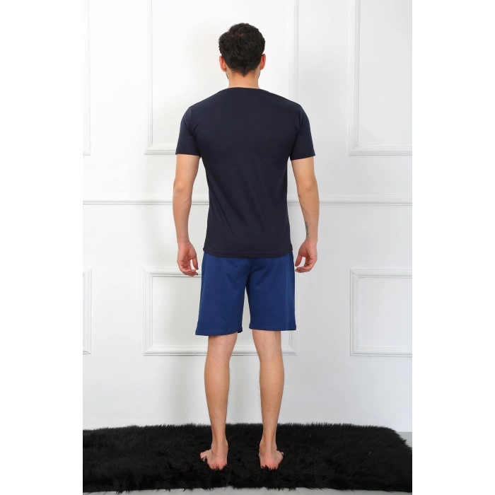 Moda Erkek Penye 3lü Lacivert V Yaka Pijama Takımı