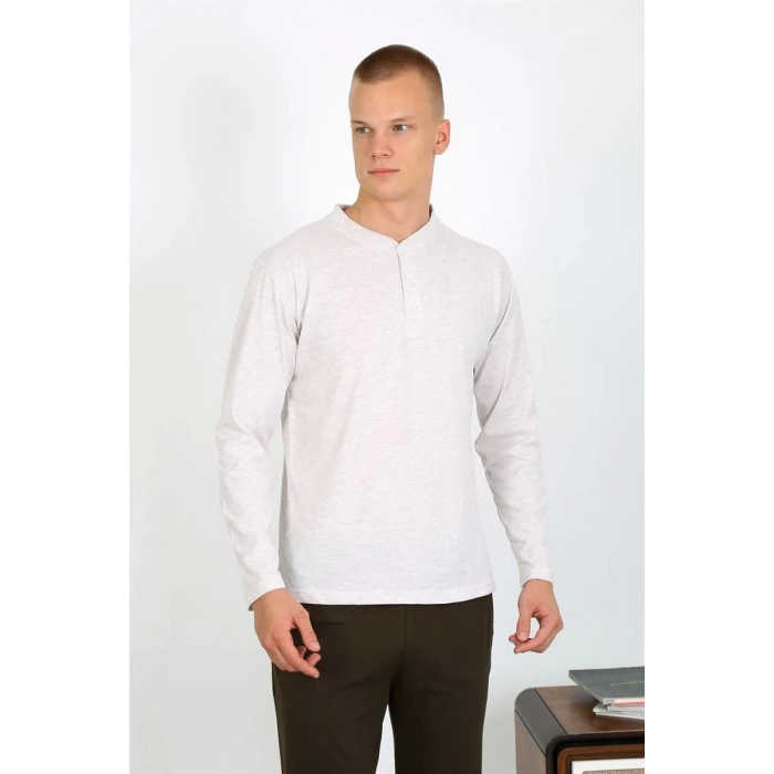 Moda Erkek Penye Uzun Kol Pijama Takımı Ekru