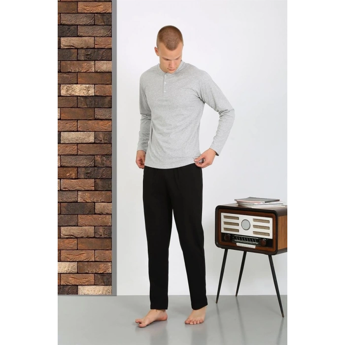 Moda Erkek Penye Uzun Kol Pijama Takımı GRİ
