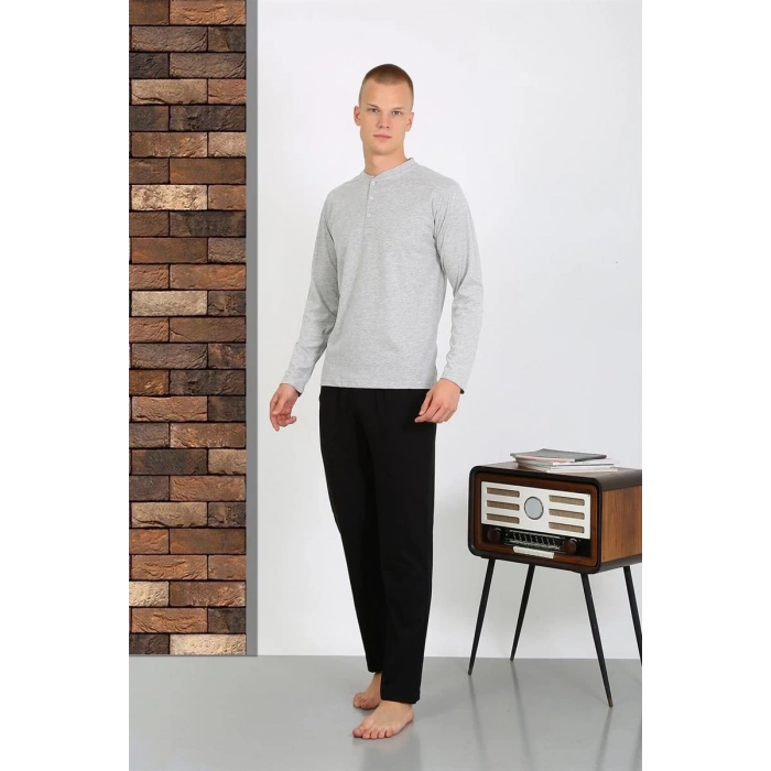 Moda Erkek Penye Uzun Kol Pijama Takımı GRİ