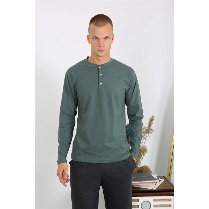 Moda Erkek Penye Uzun Kol Pijama Takımı Haki