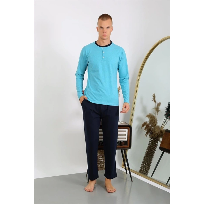 Moda Erkek Penye Uzun Kol Pijama Takımı Turkuaz