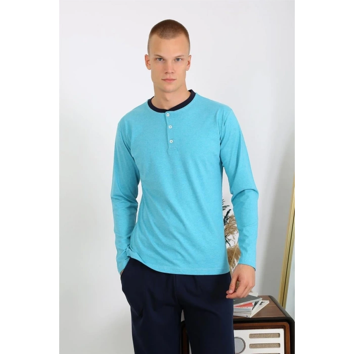 Moda Erkek Penye Uzun Kol Pijama Takımı Turkuaz