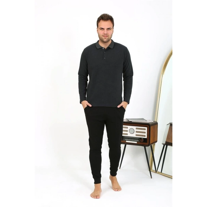 Moda Erkek Polo Yaka Uzun Kol Penye Pijama Takımı Antrasit