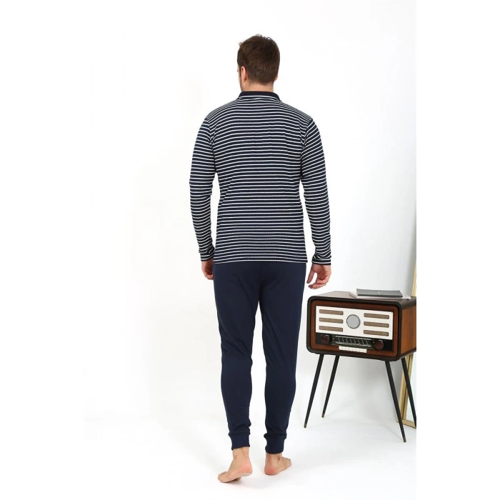 Moda Erkek Polo Yaka Uzun Kol Penye Pijama Takımı Lacivert