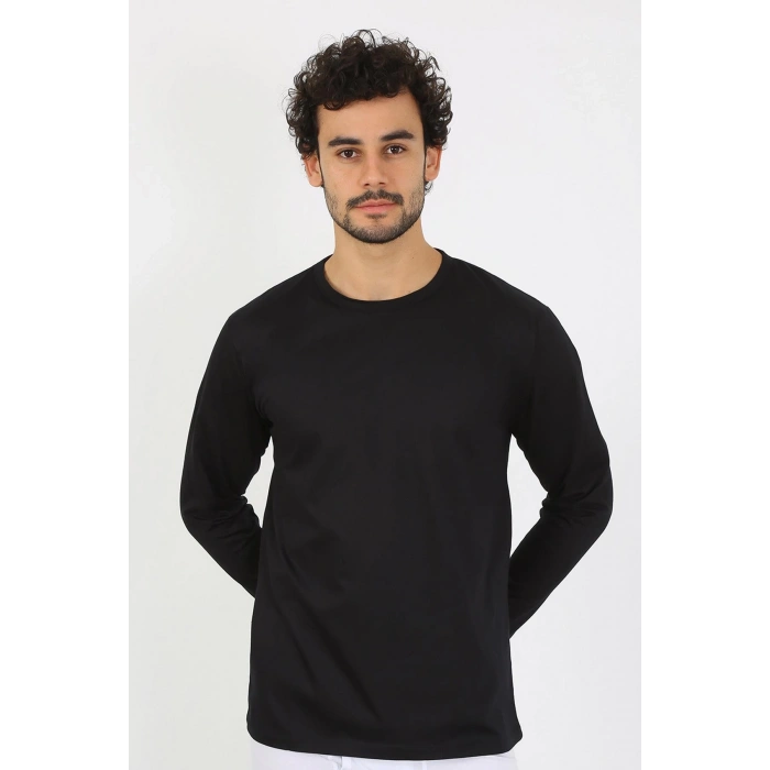 Moda Erkek Sıfır Yaka Uzun Kol Siyah Fanila