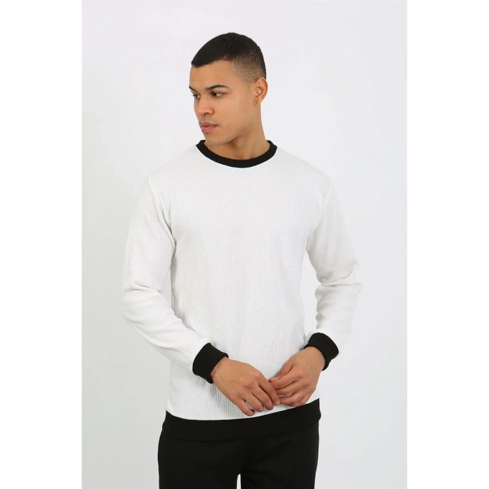 Moda Erkek Uzun Kol Manşetli Paça Penye Pijama Takımı Beyaz