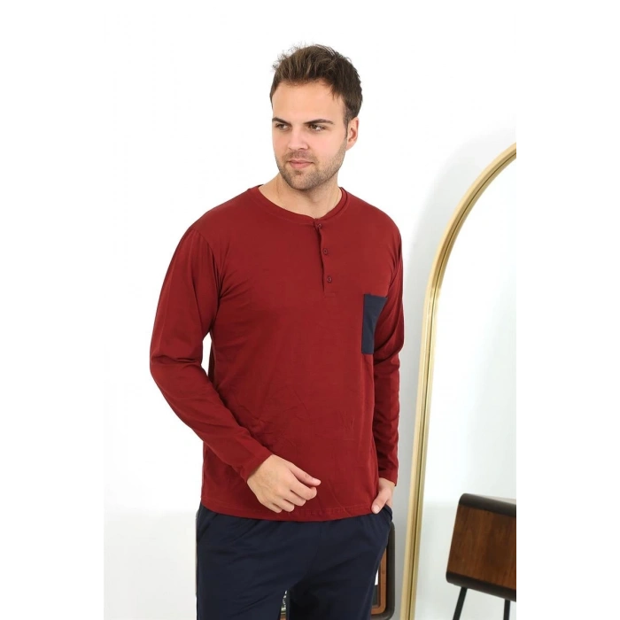 Moda Erkek Uzun Kol Penye Bordo Pijama Takımı