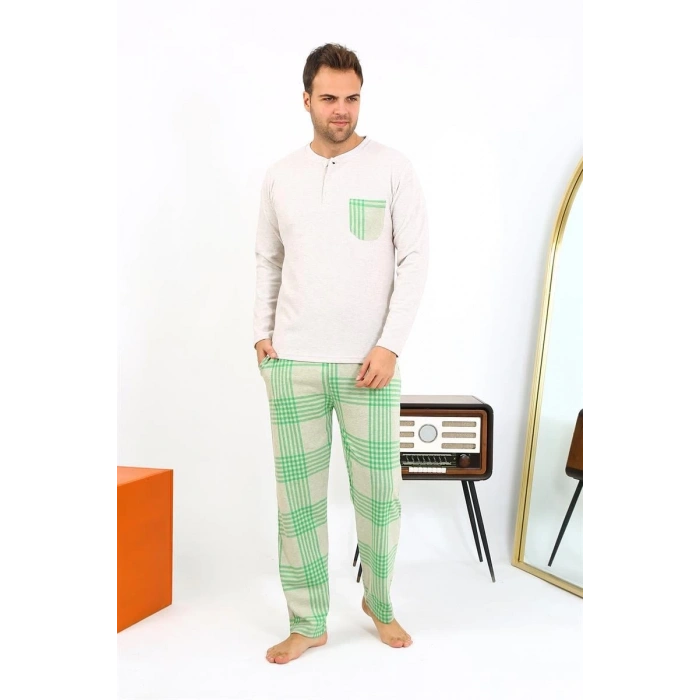Moda Erkek Uzun Kol Penye Krem Pijama Takımı