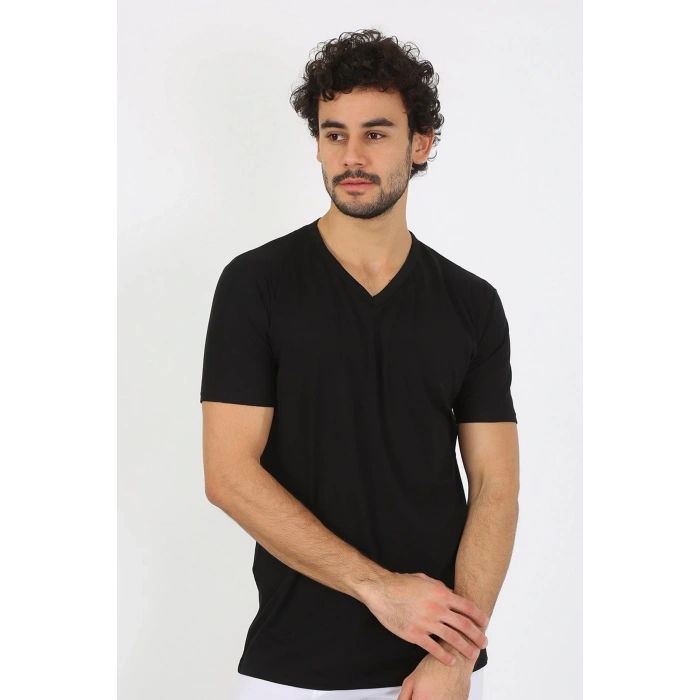 Moda Erkek V Yaka Siyah Penye Atlet