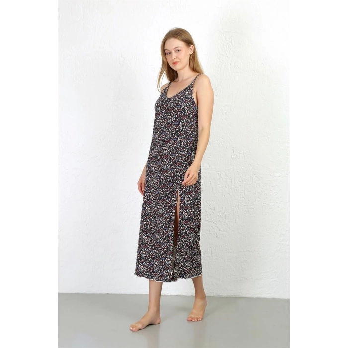 Moda İp Askılı Uzun Yırtmaçlı Penye Gecelik Lacivert