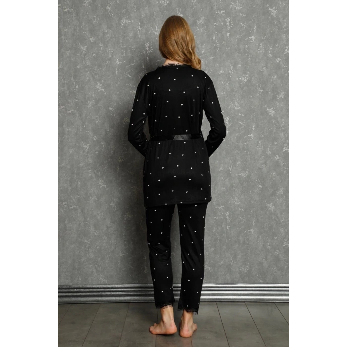 Moda Kadın 3lü Sabahlık Pijama Takım Siyah