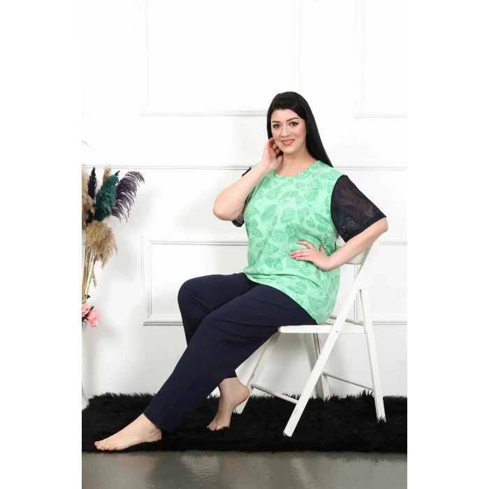 Moda Kadın 5XL-6XL-7XL-8XL Büyük Beden Kısa Kol Pijama Takım Yeşil