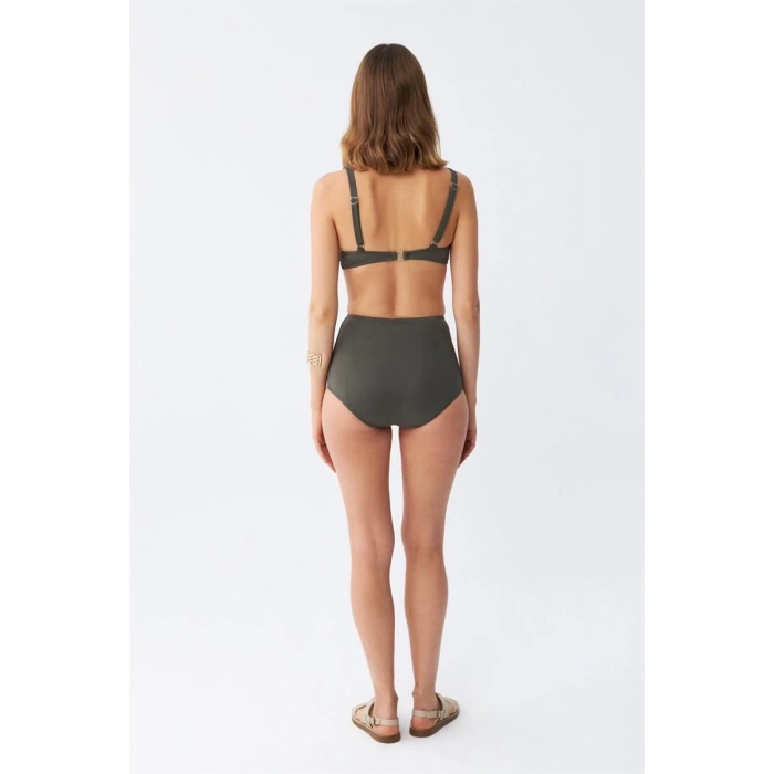 Moda Kadın Basic Haki Pedli Yüksek Bel Bikini Takımı