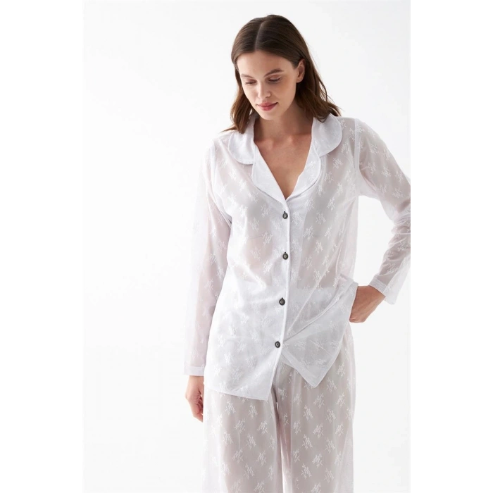 Moda Kadın Beyaz Şeffaf Jakar Düğmeli Pijama Takımı