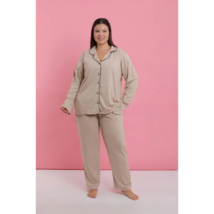 Moda Kadın Büyük Beden Bej Düğmeli Pijama Takımı