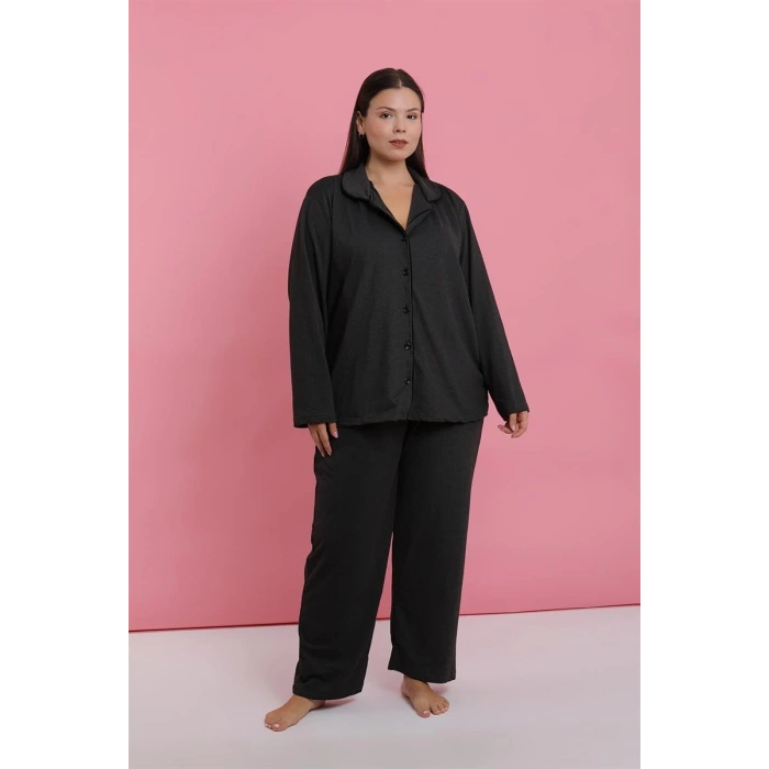 Moda Kadın Büyük Beden Füme Düğmeli Pijama Takımı