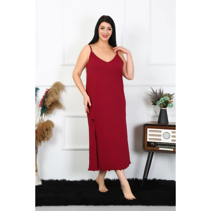 Moda Kadın Büyük Beden İp Askılı Pamuklu Bordo Uzun Gecelik