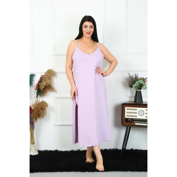 Moda Kadın Büyük Beden İp Askılı Pamuklu Lila Uzun Gecelik