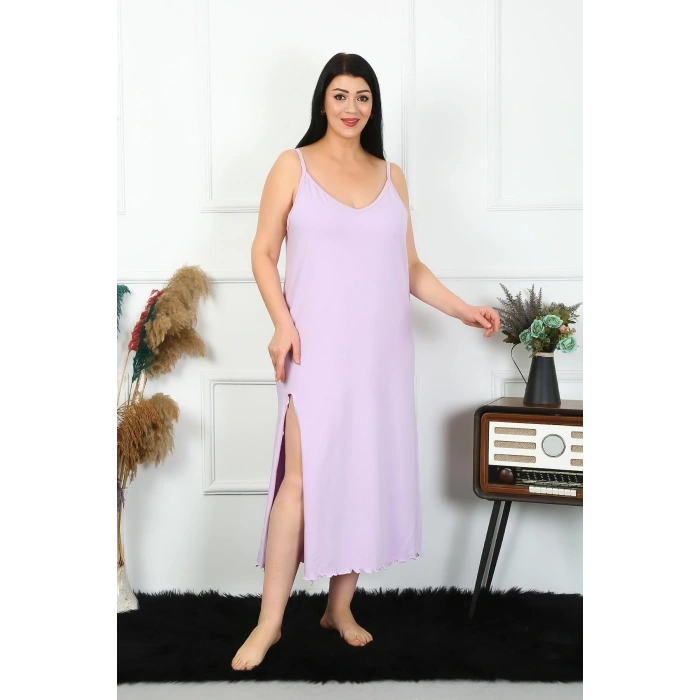 Moda Kadın Büyük Beden İp Askılı Pamuklu Lila Uzun Gecelik