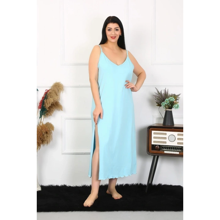 Moda Kadın Büyük Beden İp Askılı Pamuklu Mavi Uzun Gecelik