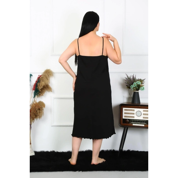 Moda Kadın Büyük Beden İp Askılı Pamuklu Siyah Uzun Gecelik