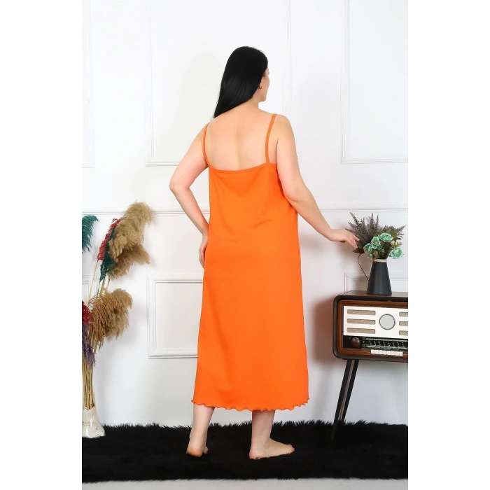 Moda Kadın Büyük Beden İp Askılı Pamuklu Turuncu Uzun Gecelik