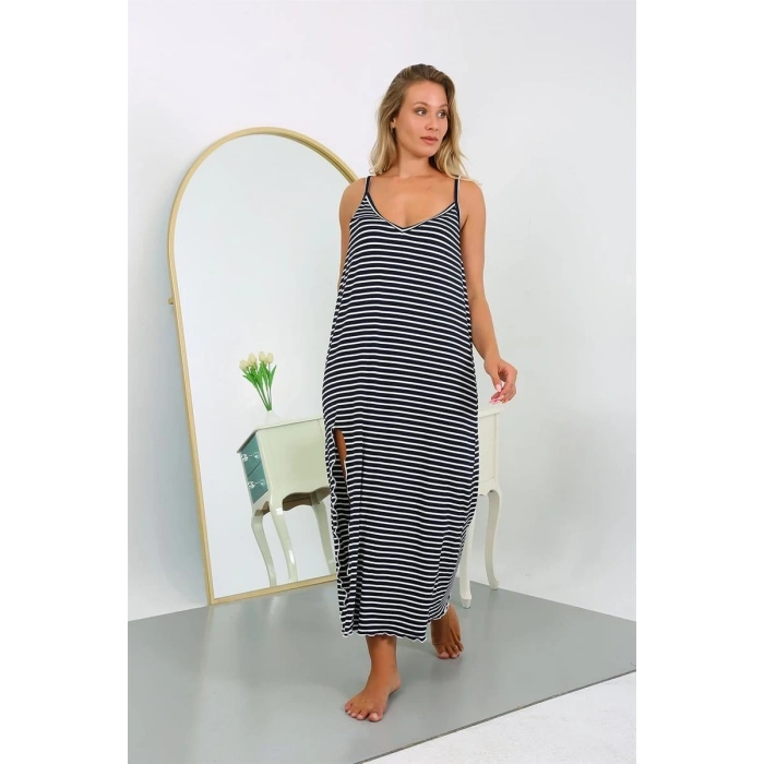 Moda Kadın Büyük Beden İp Askılı Pamuklu Uzun Gecelik