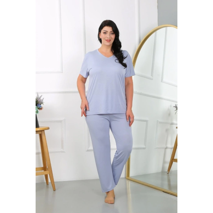 Moda Kadın Büyük Beden Kısa Kol Penye Pijama Takımı Lila