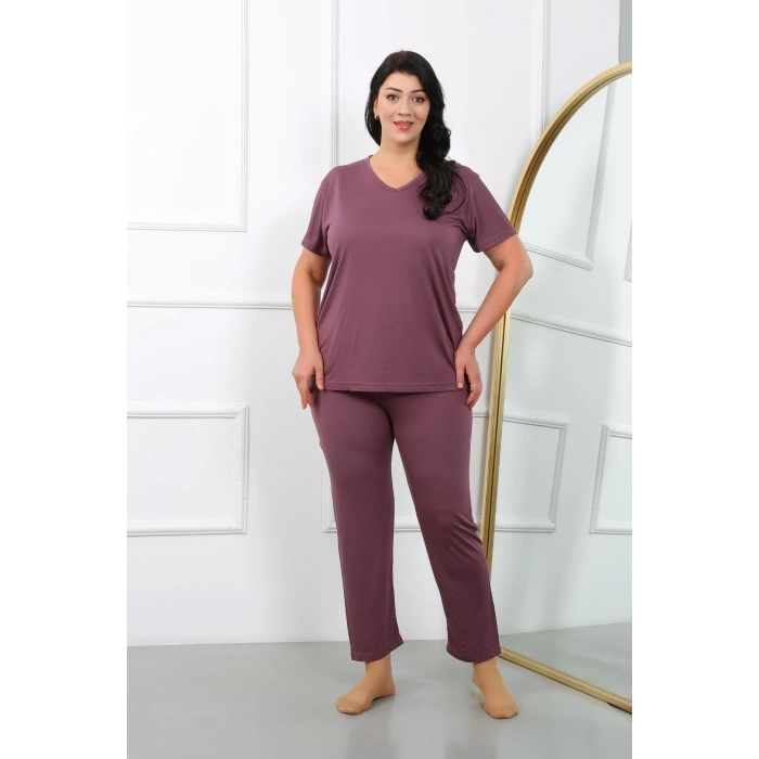 Moda Kadın Büyük Beden Kısa Kol Penye Pijama Takımı Mürdüm