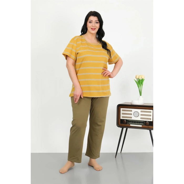 Moda Kadın Büyük Beden Kısa Kol Penye Pijama Takımı Sarı