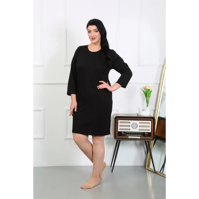 Moda Kadın Büyük Beden Penye Gecelik Ev Elbisesi Siyah