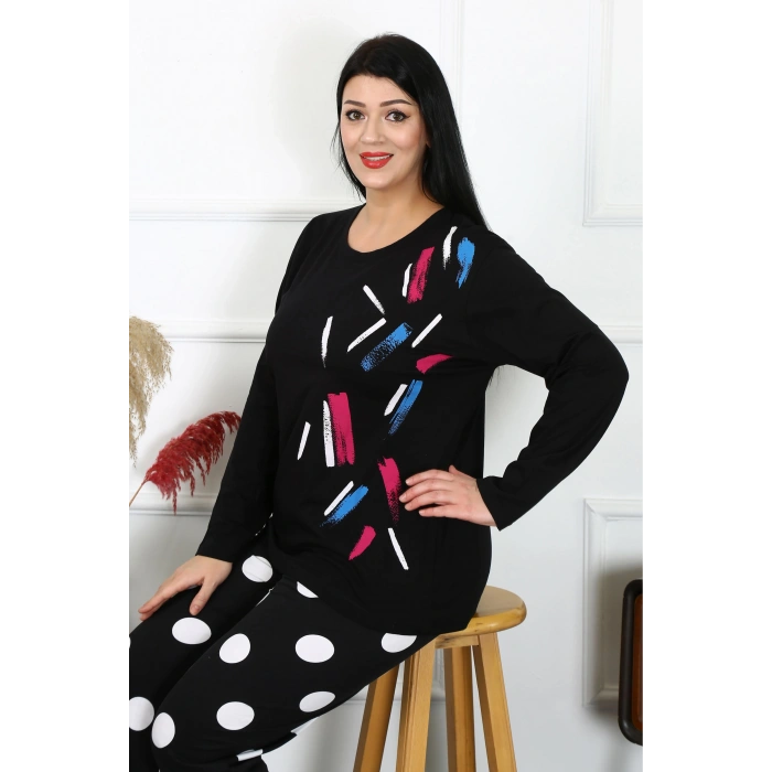 Moda Kadın Büyük Beden Penye Uzun Kol Pijama Takım