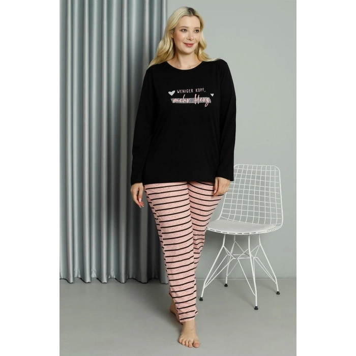 Moda Kadın Büyük Beden Penye Uzun Kol Pijama Takım Siyah