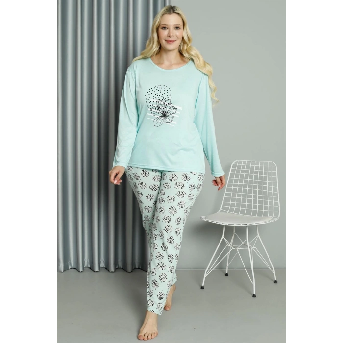 Moda Kadın Büyük Beden Penye Uzun Kol Pijama Takım Su Yeşili