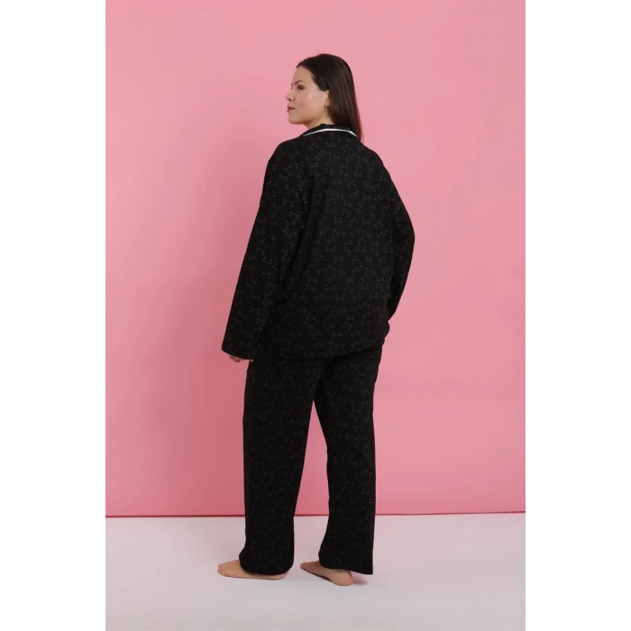 Moda Kadın Büyük Beden Siyah Beyaz Biyeli Desenli Düğmeli Pijama Takımı