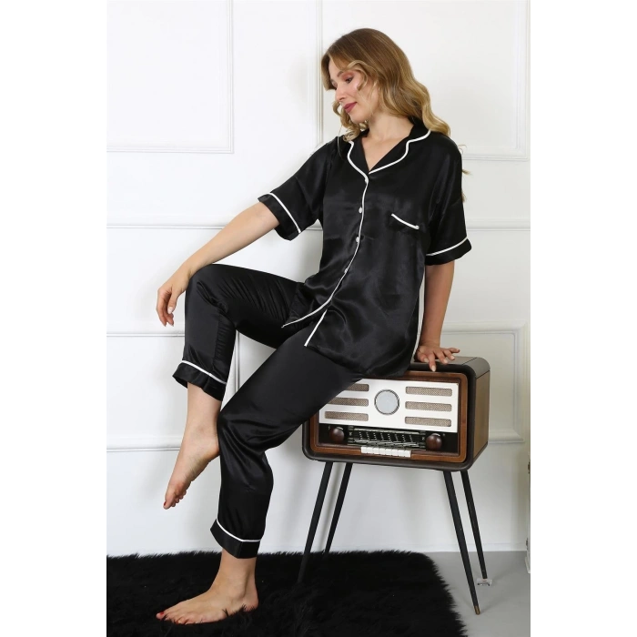 Moda Kadın Büyük Beden Siyah Saten Pijama Takımı