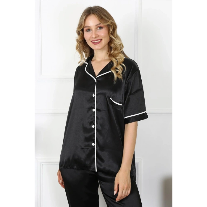 Moda Kadın Büyük Beden Siyah Saten Pijama Takımı