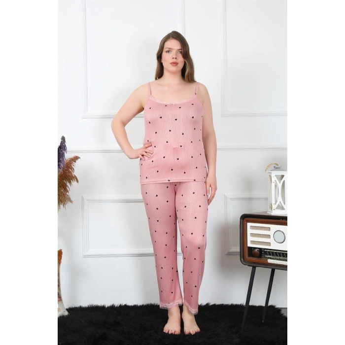 Moda Kadın Büyük Beden Somon İp Askılı Pijama Takım