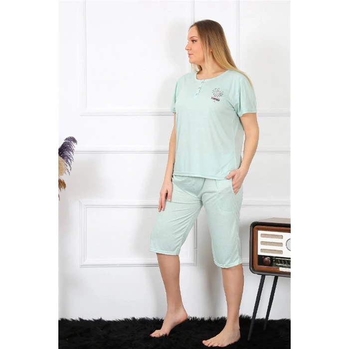 Moda Kadın Büyük Beden Viscon Su Yeşili Kapri Pijama Takım