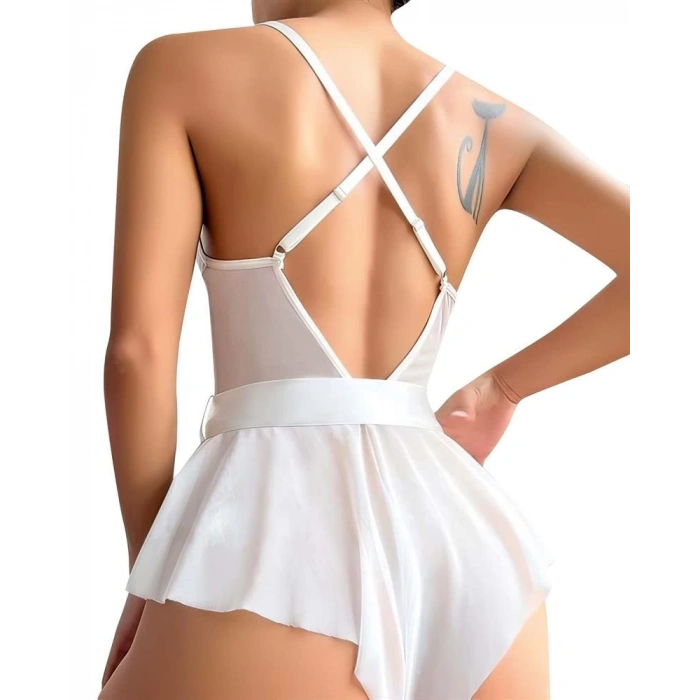 Moda Kadın Fantezi Babydoll Dantel Gecelik Beyaz
