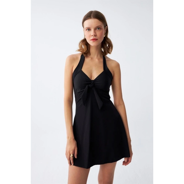 Moda Kadın Fiyonklu Siyah Elbise Mayo