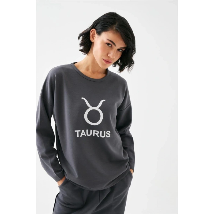 Moda Kadın Füme Boğa Burcu Oversize 2 İplik Eşofman Ev Giyim Takımı