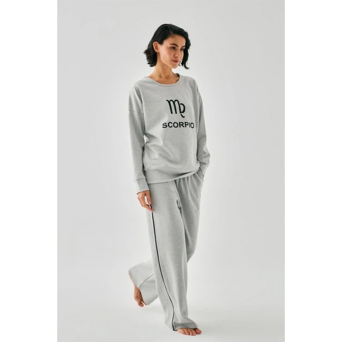 Moda Kadın Gri Akrep Burcu Oversize 2 İplik Eşofman Ev Giyim Takımı