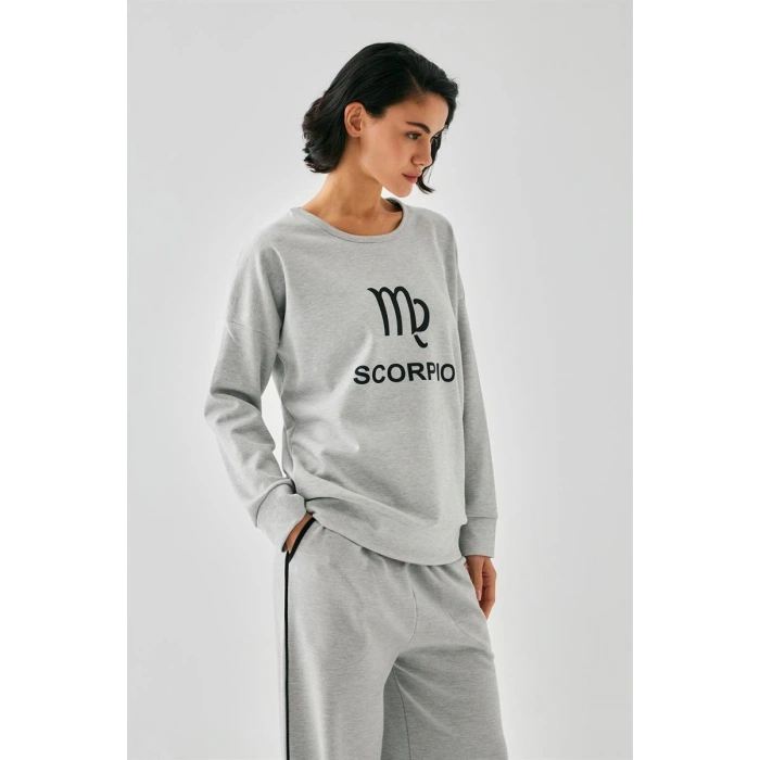 Moda Kadın Gri Akrep Burcu Oversize 2 İplik Eşofman Ev Giyim Takımı