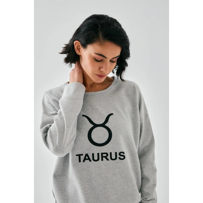 Moda Kadın Gri Boğa Burcu Oversize 2 İplik Eşofman Ev Giyim Takımı