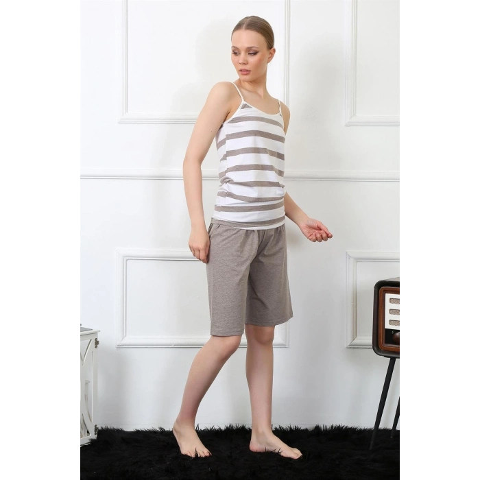 Moda Kadın İp Askılı Kapri Takım Vizon