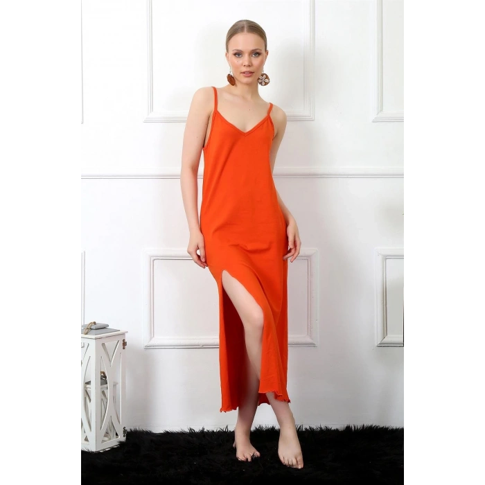 Moda Kadın İp Askılı Turuncu Uzun Gecelik